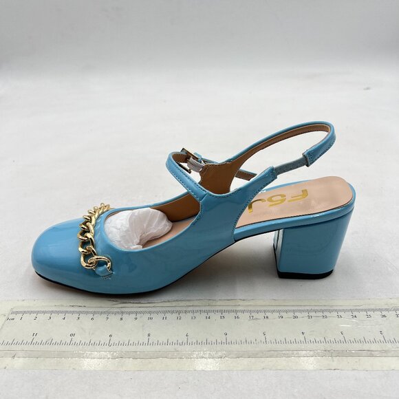 FSJ Sky Blue Slingback Heels Block Chunky Heel Pumps Square Toe Metal Chain Shoe - Picture 2 of 8